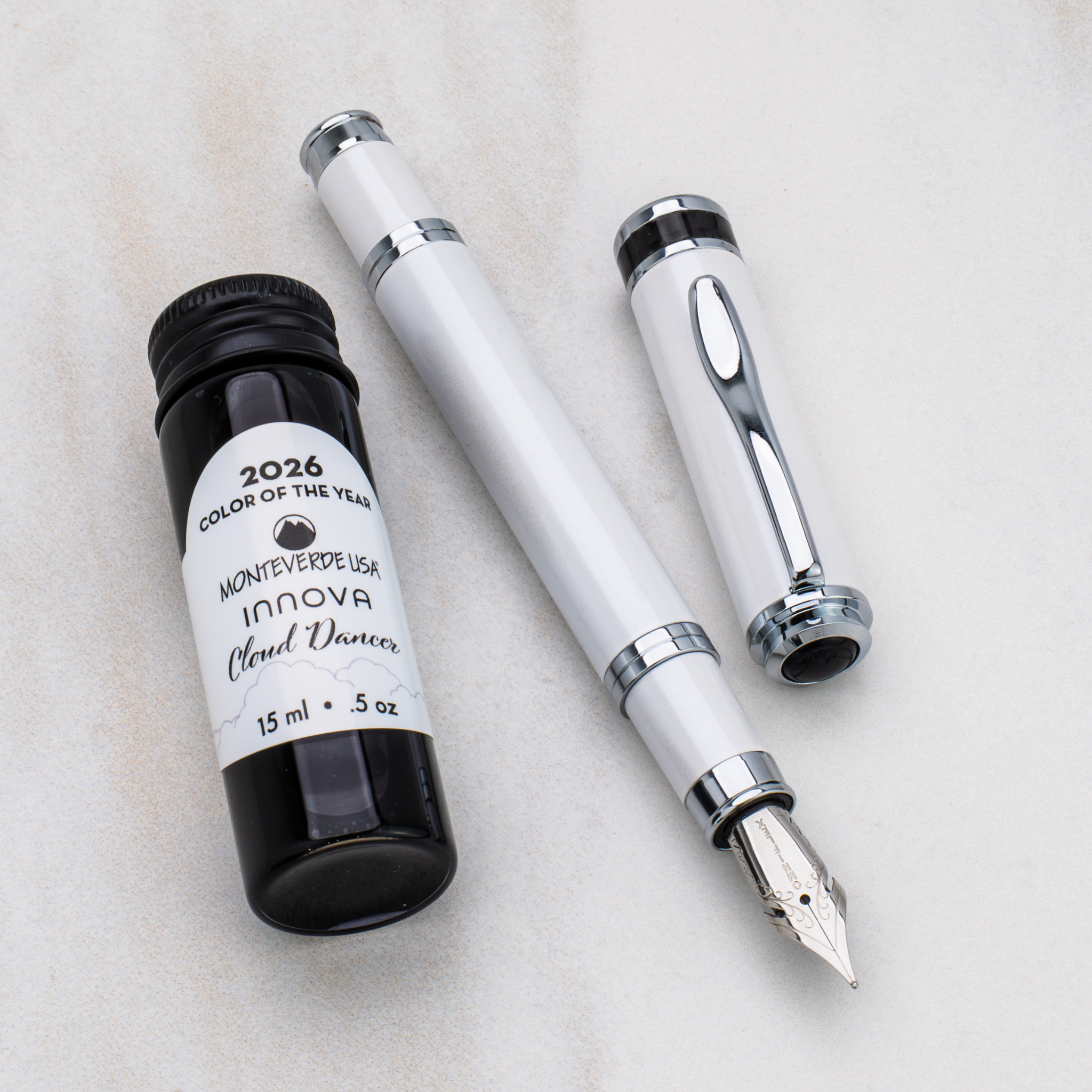 Monteverde USA Innova 2026 Color of The Year Cloud Dancer Fountain Pen Chrome Trim + Ink Collection